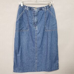 Y2K Women's Size L Blue Denim Midi Skirt Pockets Cottagecore VTG Carolina Blues